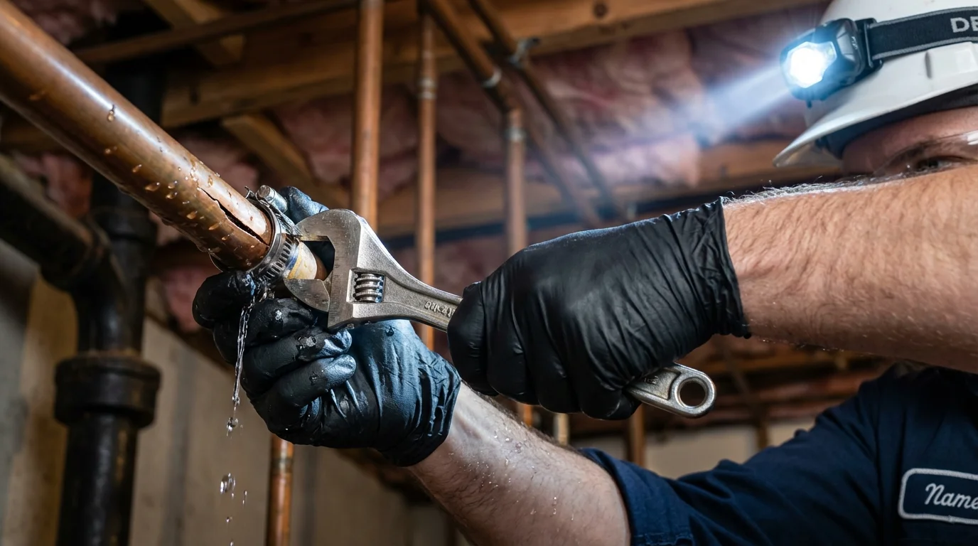 Emergency pipe clamp repair being performed by a Johns Plumbing LLC plumber in Avenal