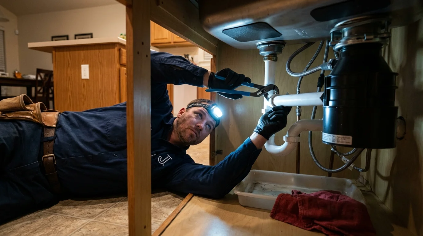 P-trap and supply line connections under a kitchen sink showing a common leak point in Avenal, CA